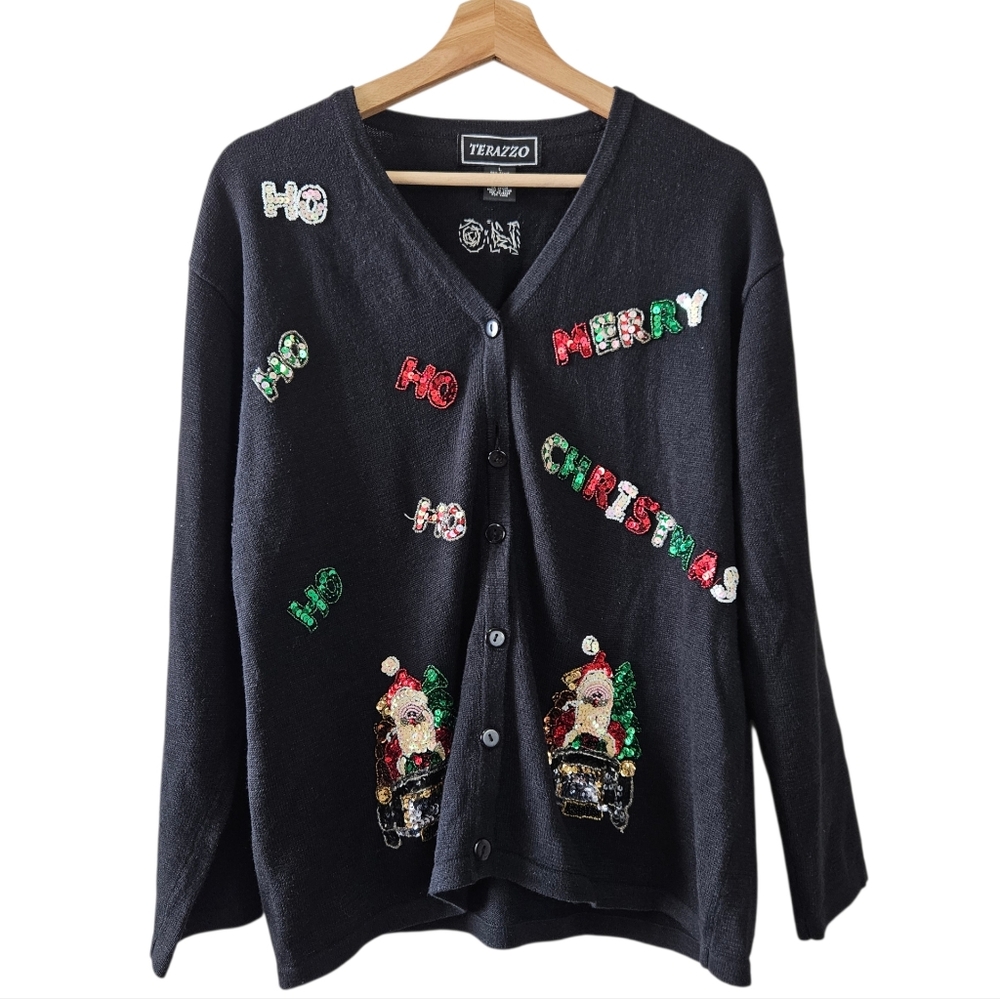 Terazzo Ho Ho Ho Christmas Sequin Cardigan Womens Size Large Ugly Sweater Party